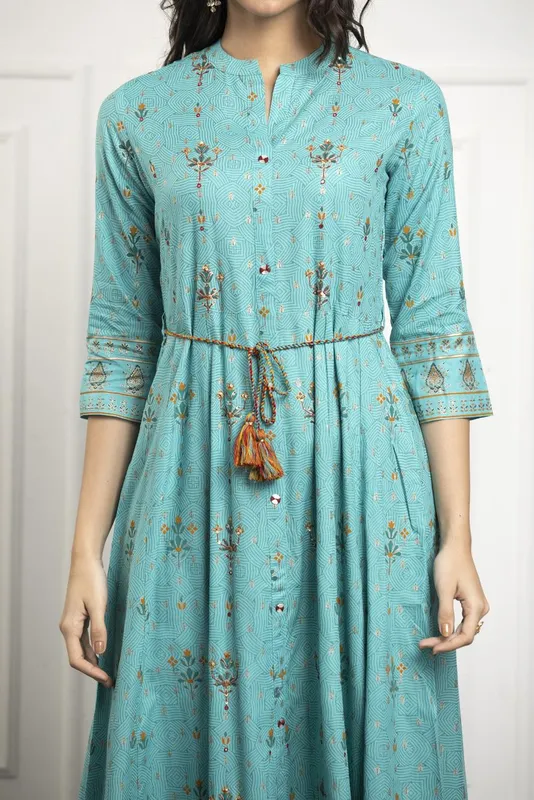 Green Embroidered Flared Dress