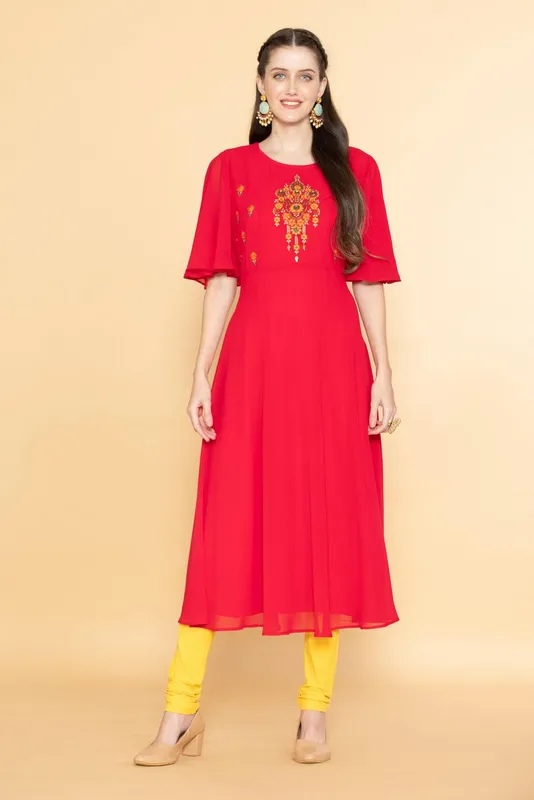 Pink Ethnic Motifs Yoke Embroidered Midi Dress