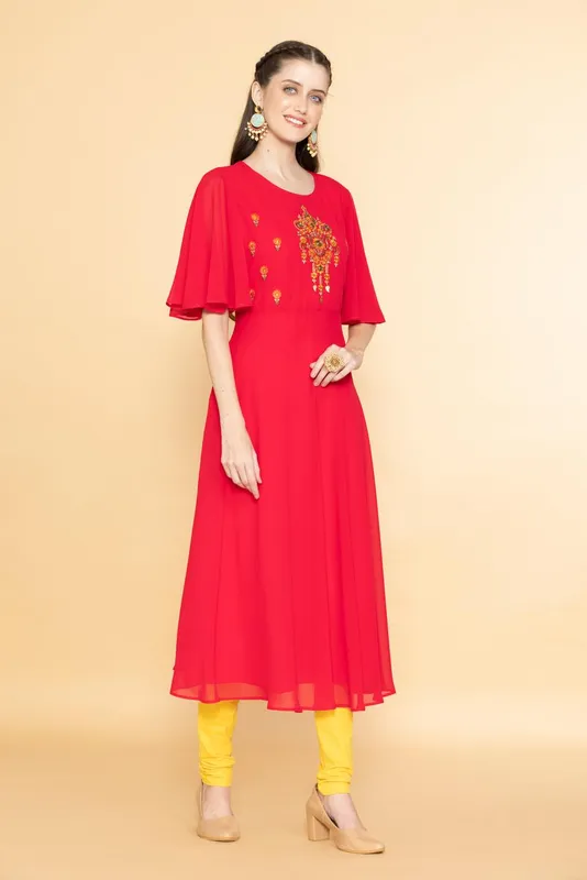 Pink Ethnic Motifs Yoke Embroidered Midi Dress