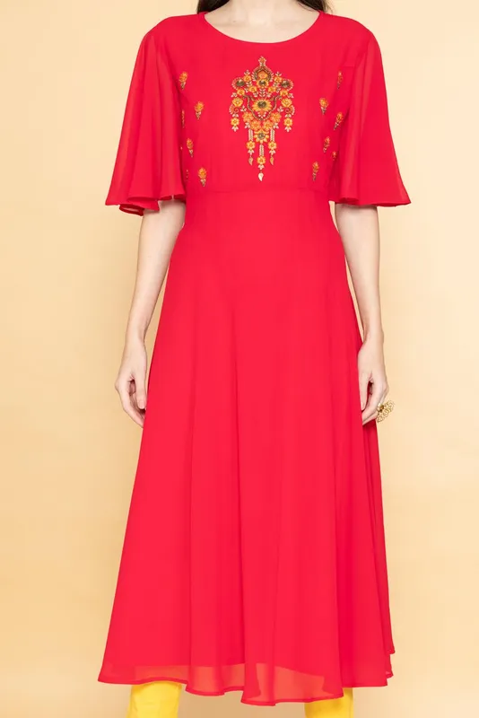 Pink Ethnic Motifs Yoke Embroidered Midi Dress