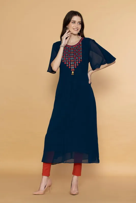 Teal Blue Ethnic Motifs Yoke Embroidered Midi Dress