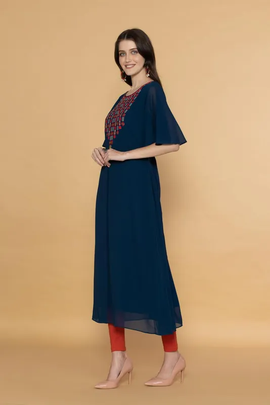 Teal Blue Ethnic Motifs Yoke Embroidered Midi Dress