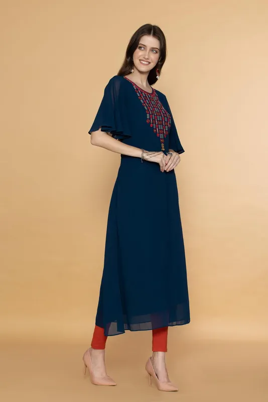 Teal Blue Ethnic Motifs Yoke Embroidered Midi Dress