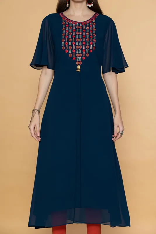 Teal Blue Ethnic Motifs Yoke Embroidered Midi Dress