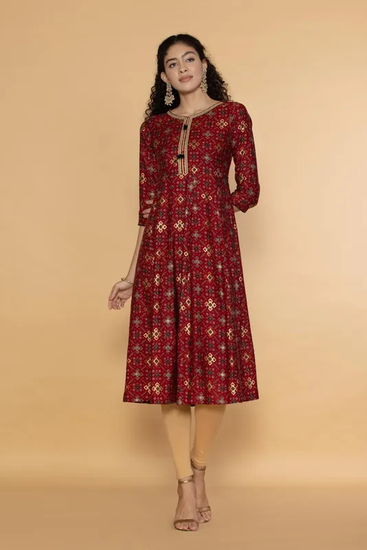 Maroon Ethnic Motifs Ikkat Gold Printed Midi Dress