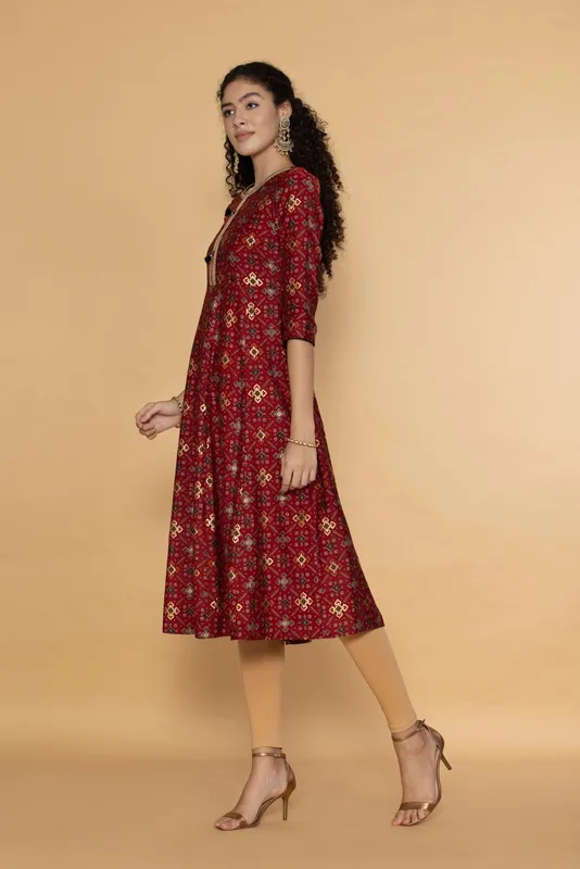 Maroon Ethnic Motifs Ikkat Gold Printed Midi Dress