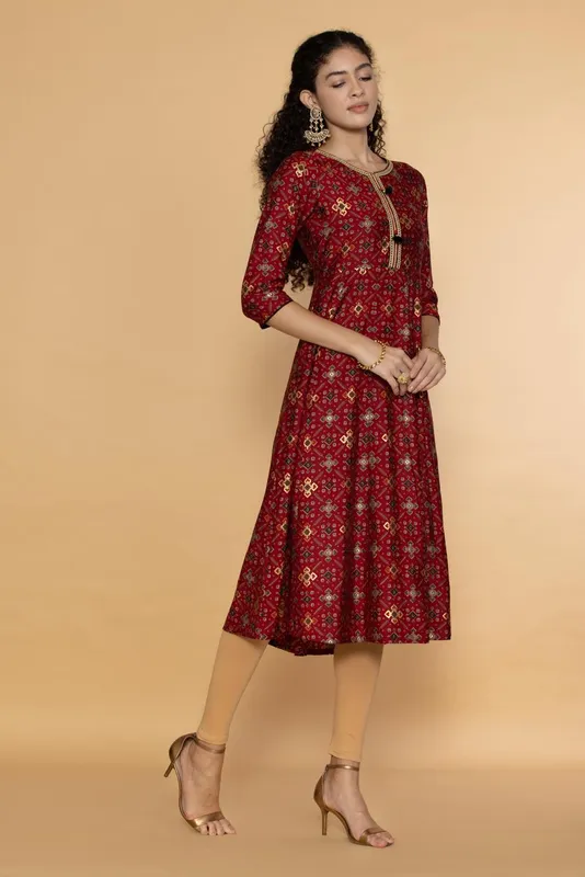 Maroon Ethnic Motifs Ikkat Gold Printed Midi Dress