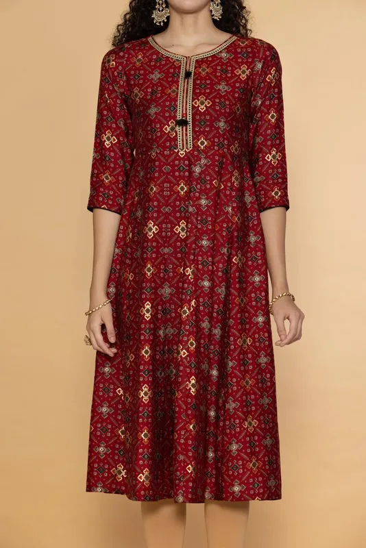 Maroon Ethnic Motifs Ikkat Gold Printed Midi Dress