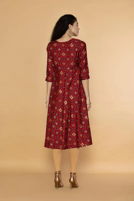 Maroon Ethnic Motifs Ikkat Gold Printed Midi Dress