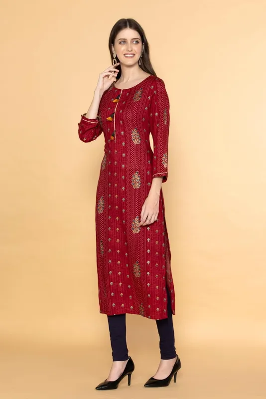 Maroon Printed Straight Kurta