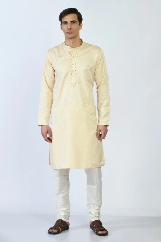 Beige and Gold-Toned Mirror Work Kurta Set