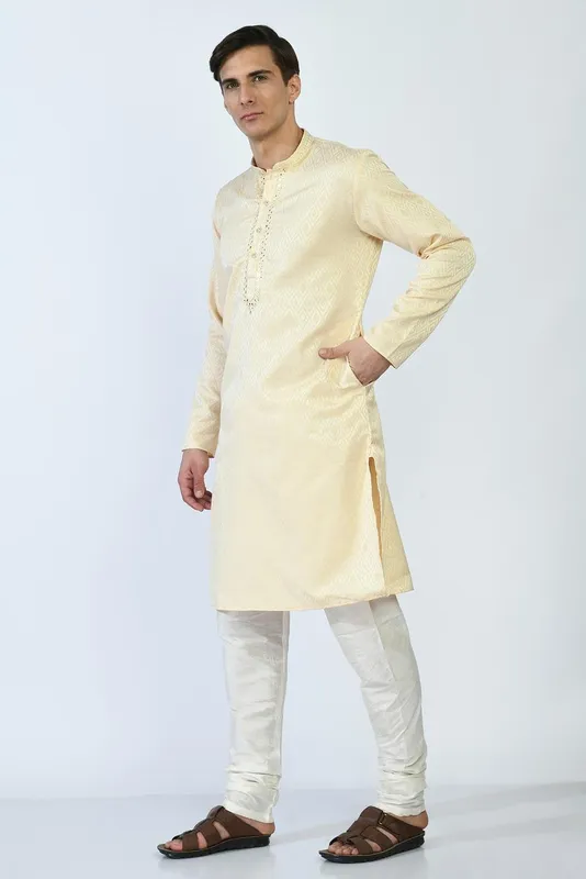 Beige and Gold-Toned Mirror Work Kurta Set