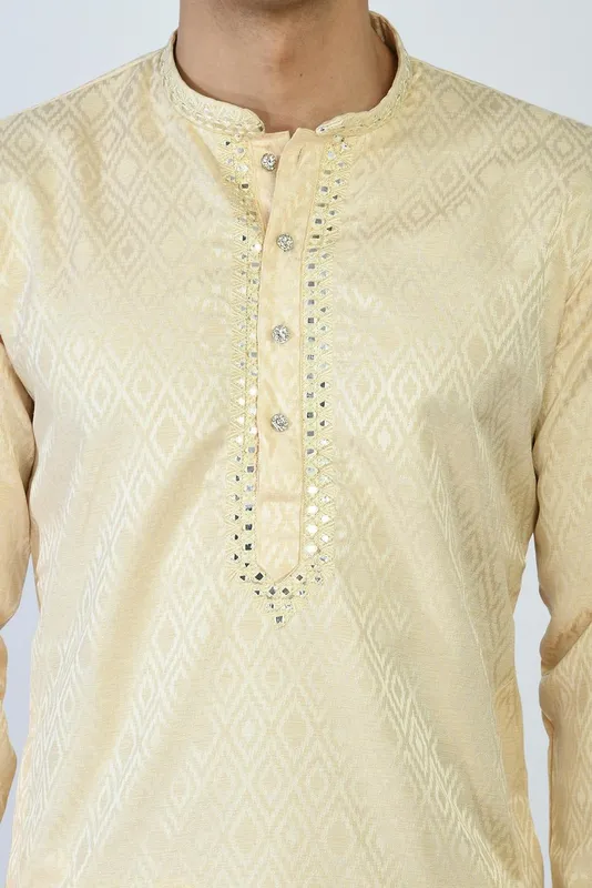 Beige and Gold-Toned Mirror Work Kurta Set