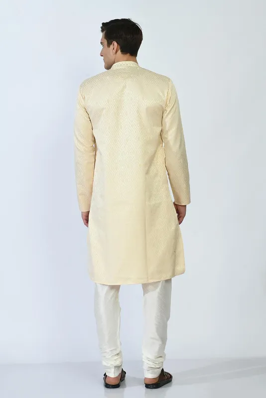 Beige and Gold-Toned Mirror Work Kurta Set