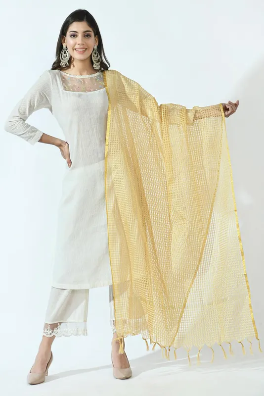 Beige and Gold-Toned Kota Checked Dupatta
