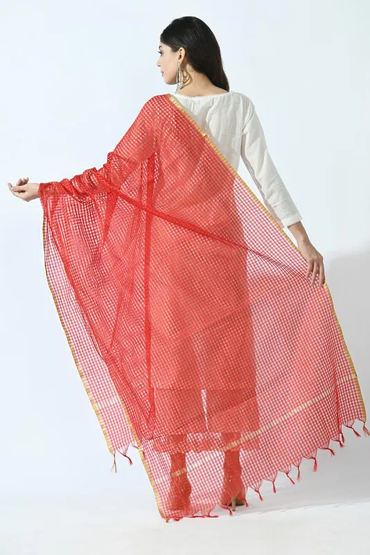 Red and Gold-Toned Kota Checked Dupatta
