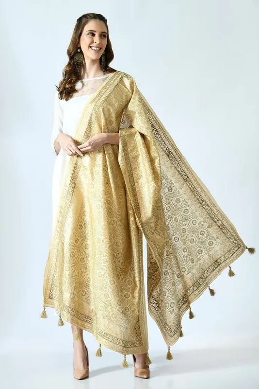 Beige & Gold-Toned Woven Design Dupatta