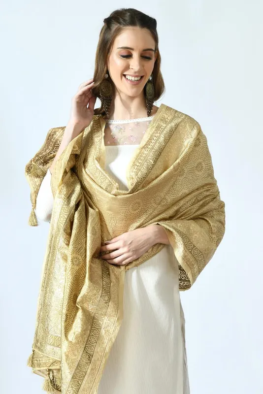 Beige & Gold-Toned Woven Design Dupatta