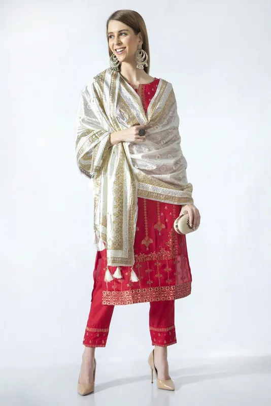 Off White & Gold-Toned Woven Design Dupatta