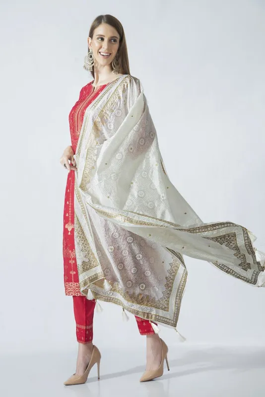 Off White & Gold-Toned Woven Design Dupatta