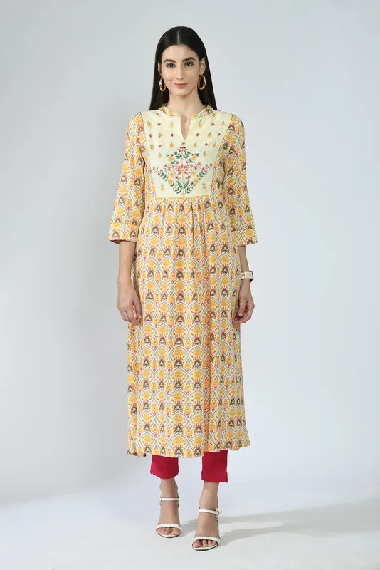 Multi Ethnic Motifs Yoke Embroidered and Printed A-Line Midi Dress