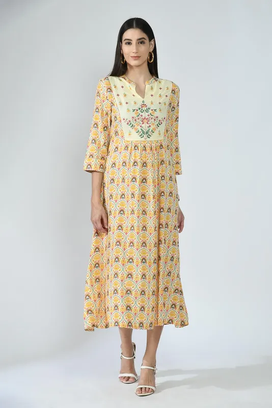 Multi Ethnic Motifs Yoke Embroidered and Printed A-Line Midi Dress