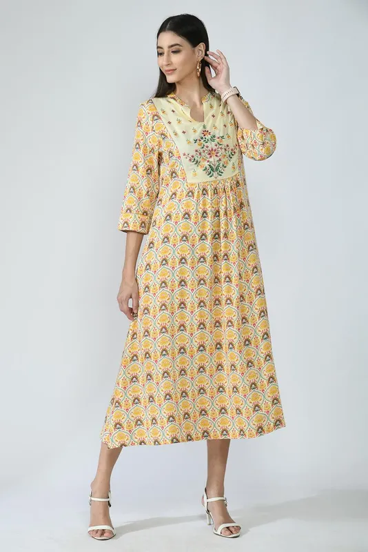 Multi Ethnic Motifs Yoke Embroidered and Printed A-Line Midi Dress