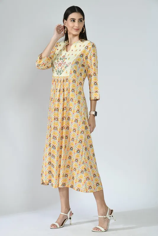 Multi Ethnic Motifs Yoke Embroidered and Printed A-Line Midi Dress