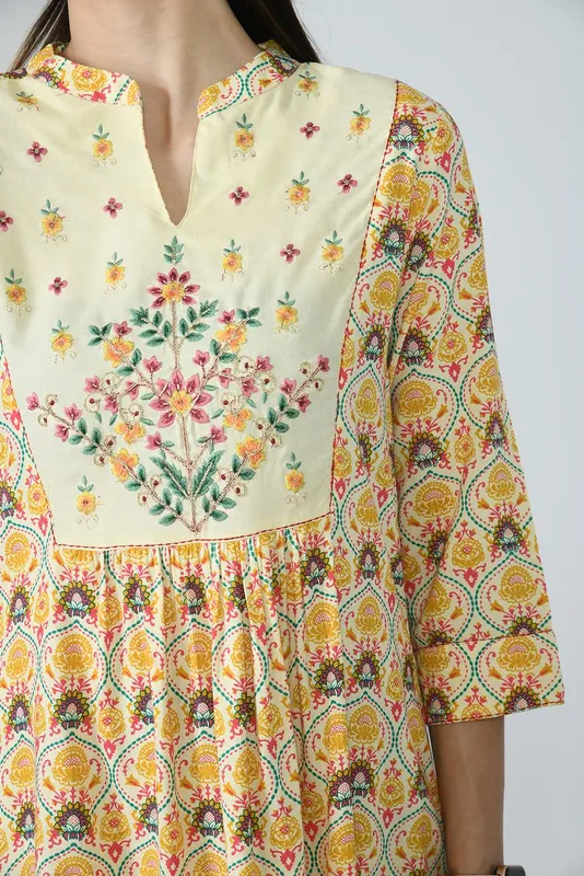 Multi Ethnic Motifs Yoke Embroidered and Printed A-Line Midi Dress