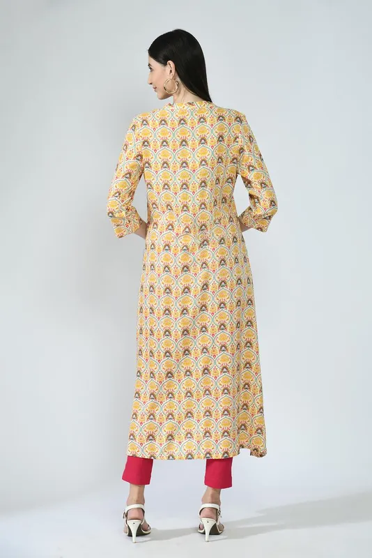 Multi Ethnic Motifs Yoke Embroidered and Printed A-Line Midi Dress