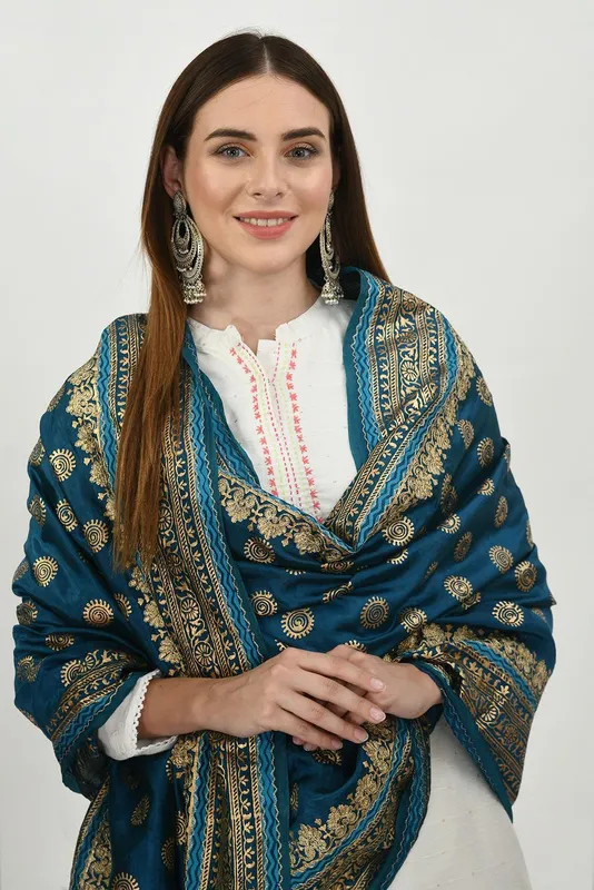 Blue and Gold-Toned Aari Embroidered Dupatta