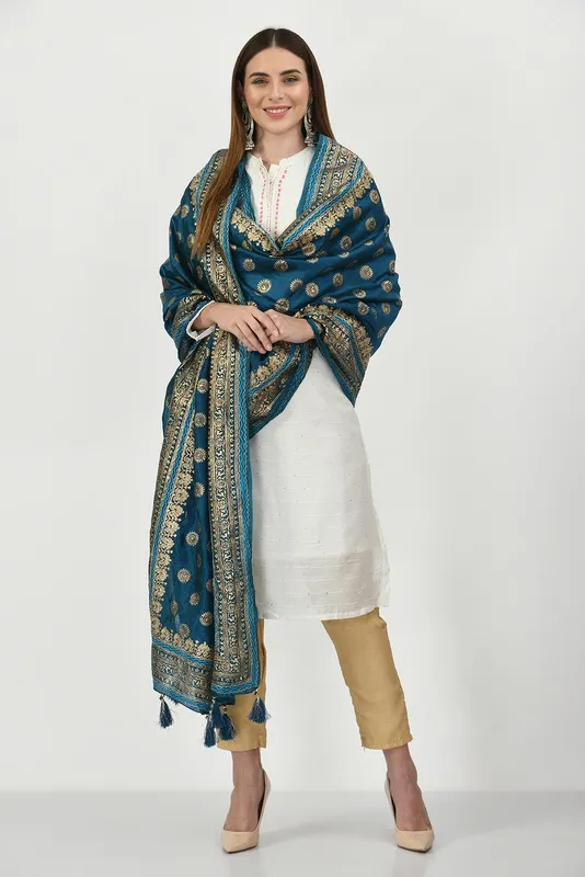 Blue and Gold-Toned Aari Embroidered Dupatta