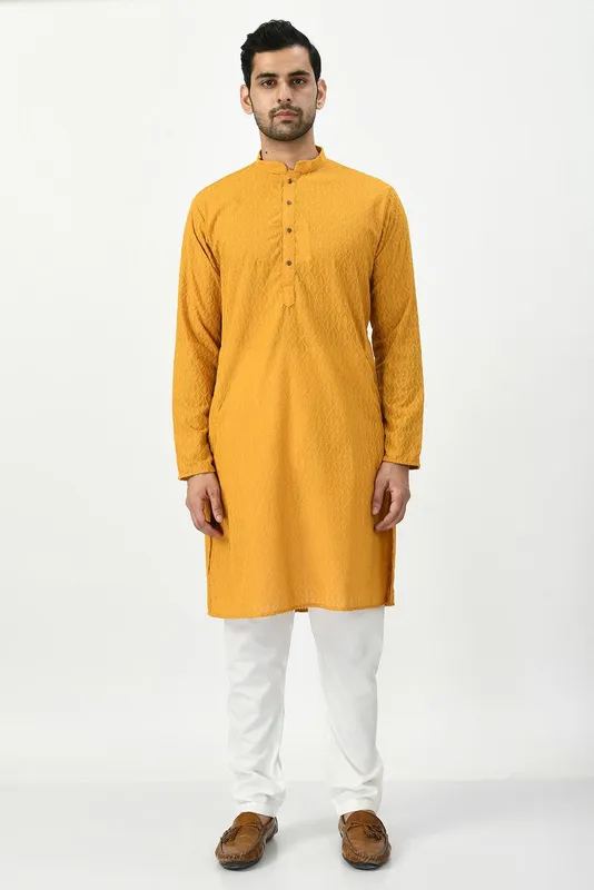 Mustard Yellow Ethnic Motifs Chikankari Kurta with Churidar