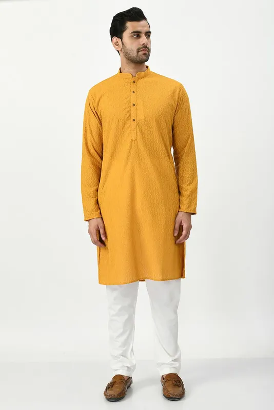 Mustard Yellow Ethnic Motifs Chikankari Kurta with Churidar