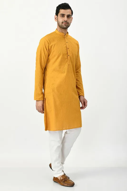 Mustard Yellow Ethnic Motifs Chikankari Kurta with Churidar