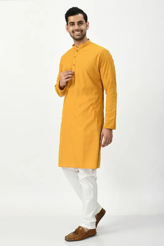 Mustard Yellow Ethnic Motifs Chikankari Kurta with Churidar