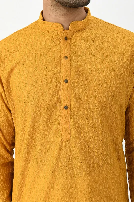 Mustard Yellow Ethnic Motifs Chikankari Kurta with Churidar