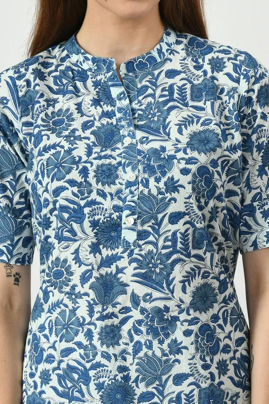 Blue Floral Screen Printed Top