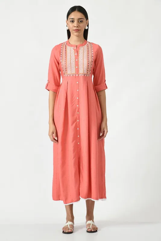 Peach Floral Yoke Embroidered Ethnic Midi Dress