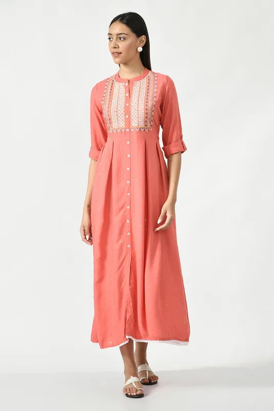 Peach Floral Yoke Embroidered Ethnic Midi Dress