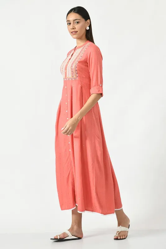 Peach Floral Yoke Embroidered Ethnic Midi Dress