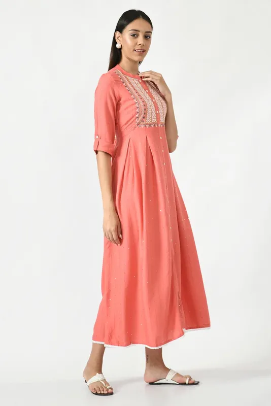 Peach Floral Yoke Embroidered Ethnic Midi Dress