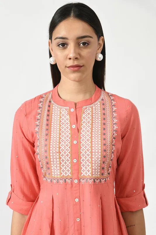 Peach Floral Yoke Embroidered Ethnic Midi Dress