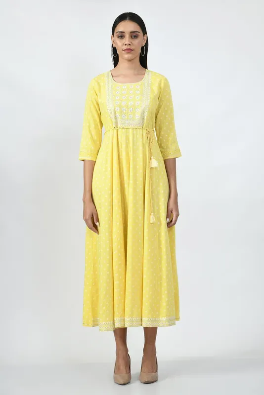 Yellow Ethnic Motifs Yoke Embroidered Ethnic A-Line Midi Dress