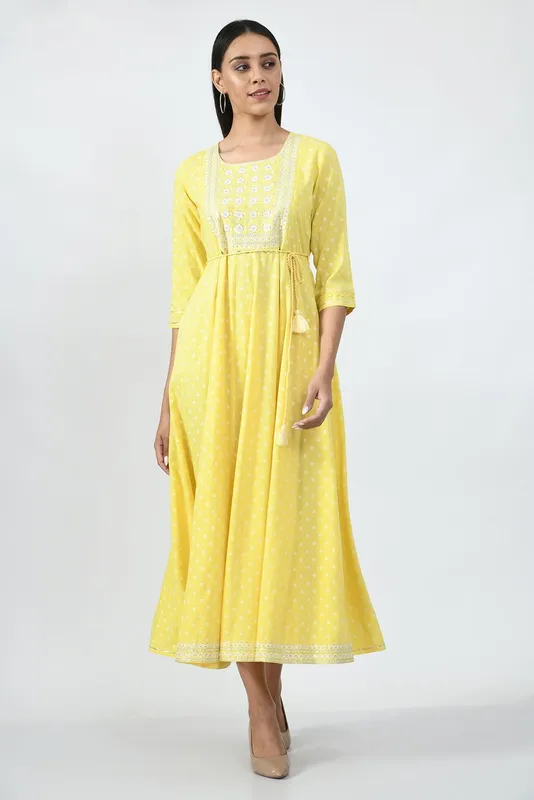 Yellow Ethnic Motifs Yoke Embroidered Ethnic A-Line Midi Dress