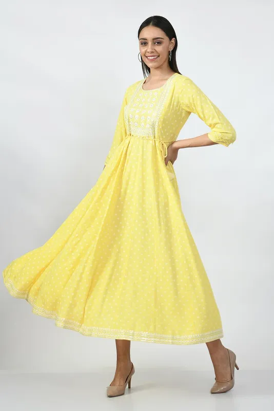 Yellow Ethnic Motifs Yoke Embroidered Ethnic A-Line Midi Dress