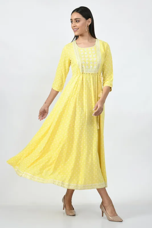 Yellow Ethnic Motifs Yoke Embroidered Ethnic A-Line Midi Dress