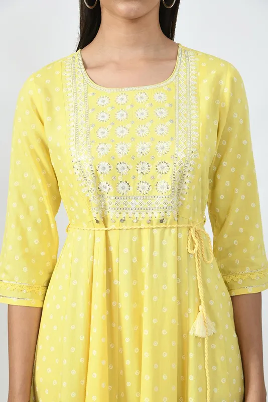 Yellow Ethnic Motifs Yoke Embroidered Ethnic A-Line Midi Dress