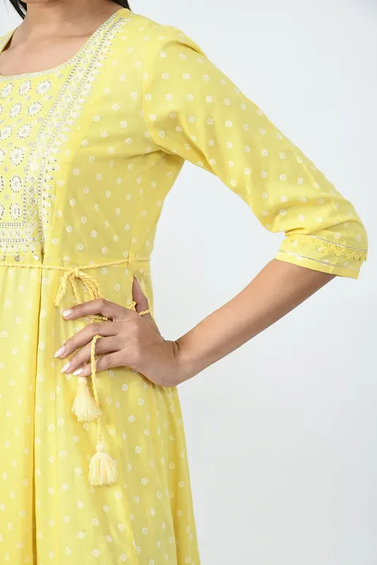 Yellow Ethnic Motifs Yoke Embroidered Ethnic A-Line Midi Dress