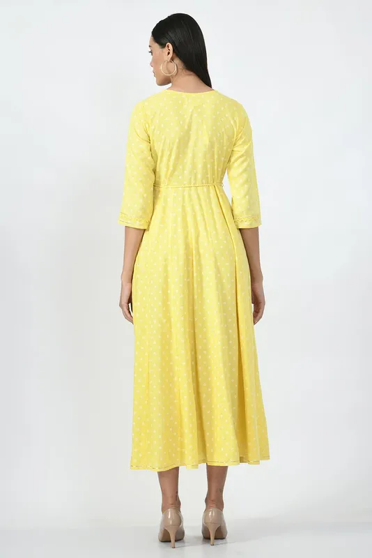 Yellow Ethnic Motifs Yoke Embroidered Ethnic A-Line Midi Dress